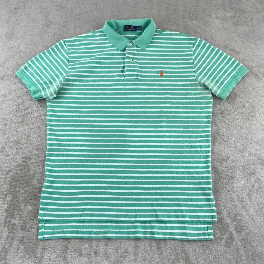 Polo Ralph Lauren Polo Shirt Men Large Aqua Green Striped‎ Orange Pony SS Preppy